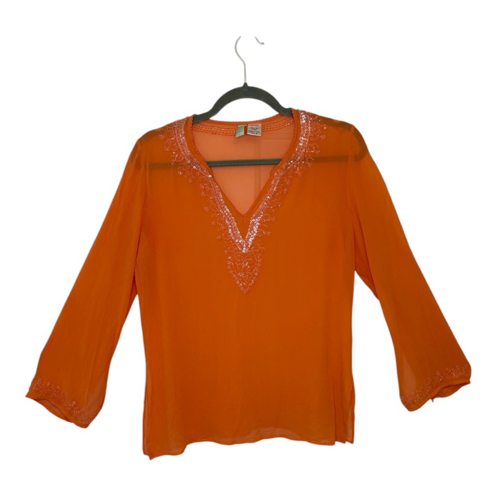 Itsu Silk Bright Orange Embellished Coastal Vacation Resortwear Blouse Top Large